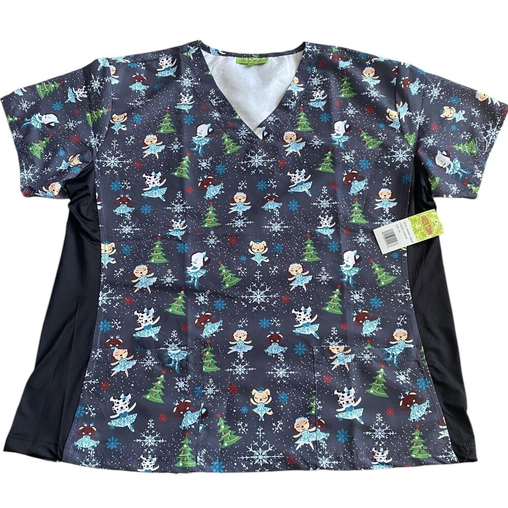 Green Town Christmas Scrub Top - 2X - Gray w/ Christmas Trees & Ballerinas